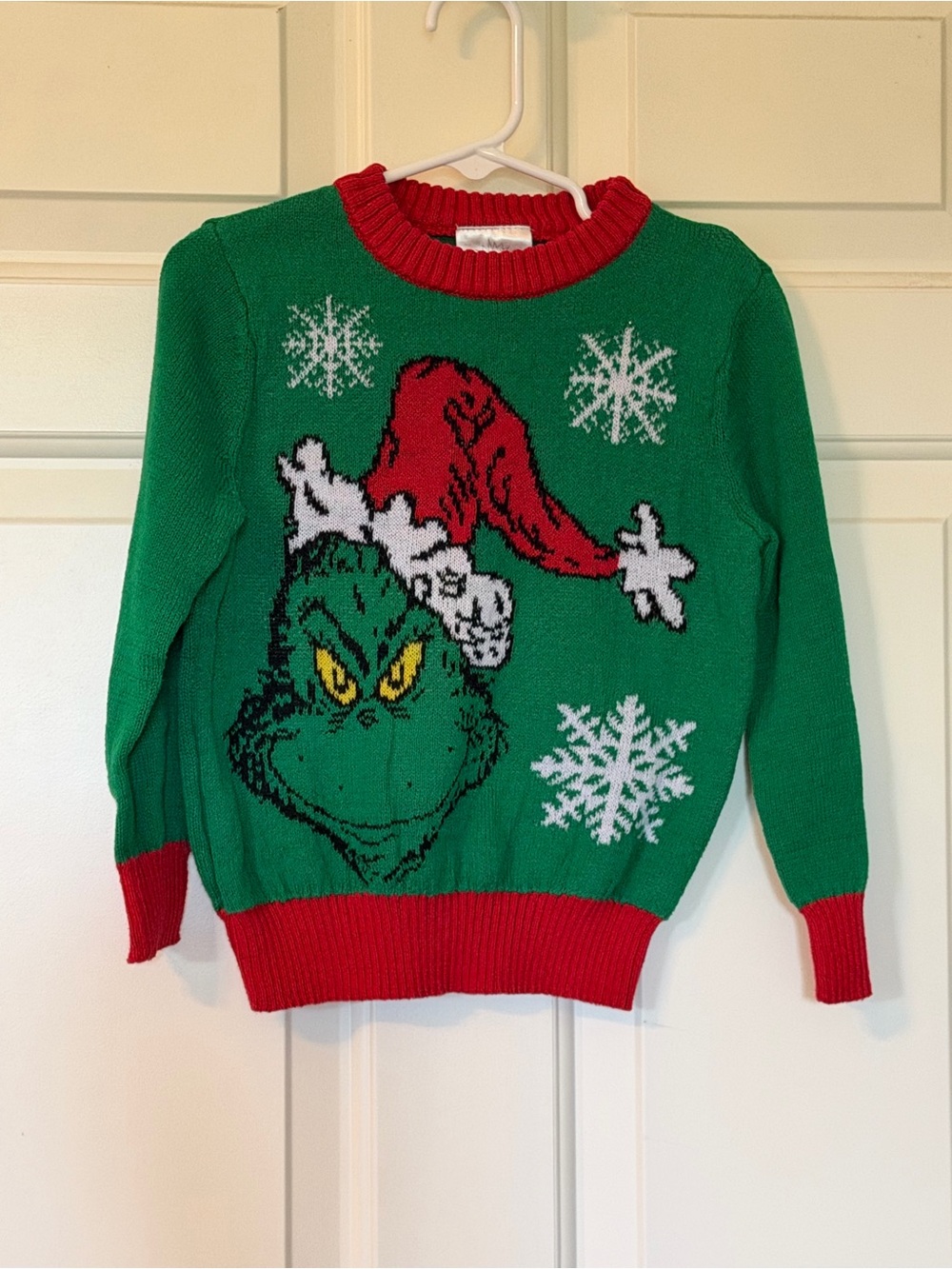 Kids Green Grinch Holiday Sweater with Red Trim